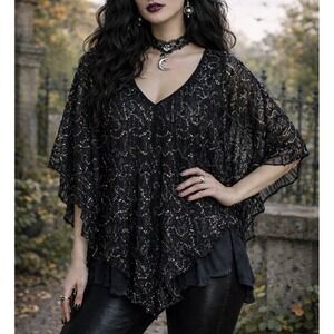 Black Whimsigoth Fairy Witchy Lace Overlay Blouse‎ Poncho Top Women 2X NWOT